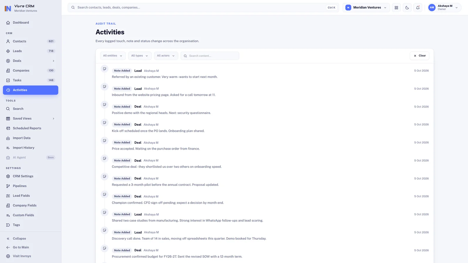 The Vivre activity feed: notes and status changes against leads and deals, newest first.